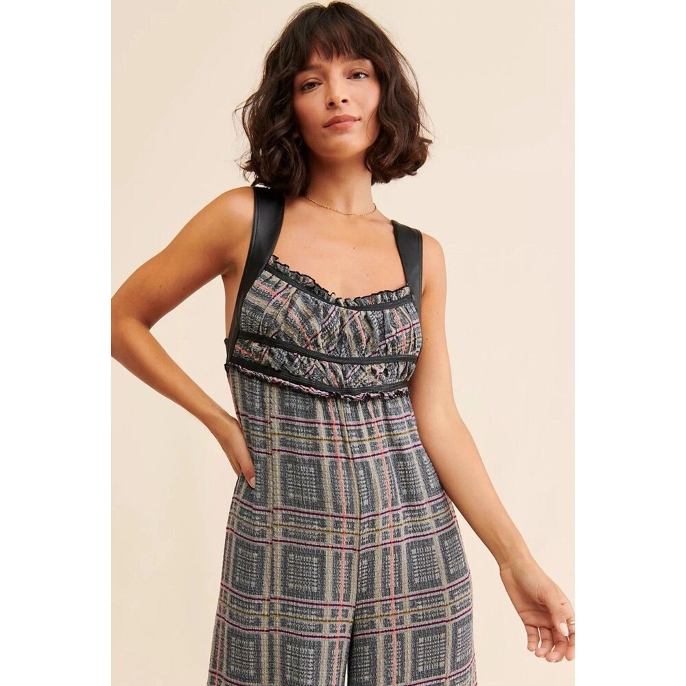 Free People NEW Jumpsuit‎ MEDIUM Marley Plaid One Piece Wide Leg Sleeveless